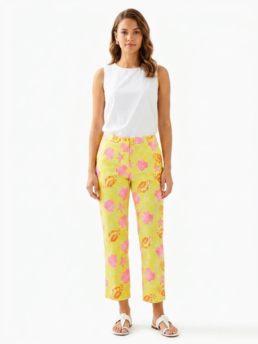 Lilly Pulitzer Capri Pants Womens 12 Yellow Seashell Crab Starfish Print Stretch